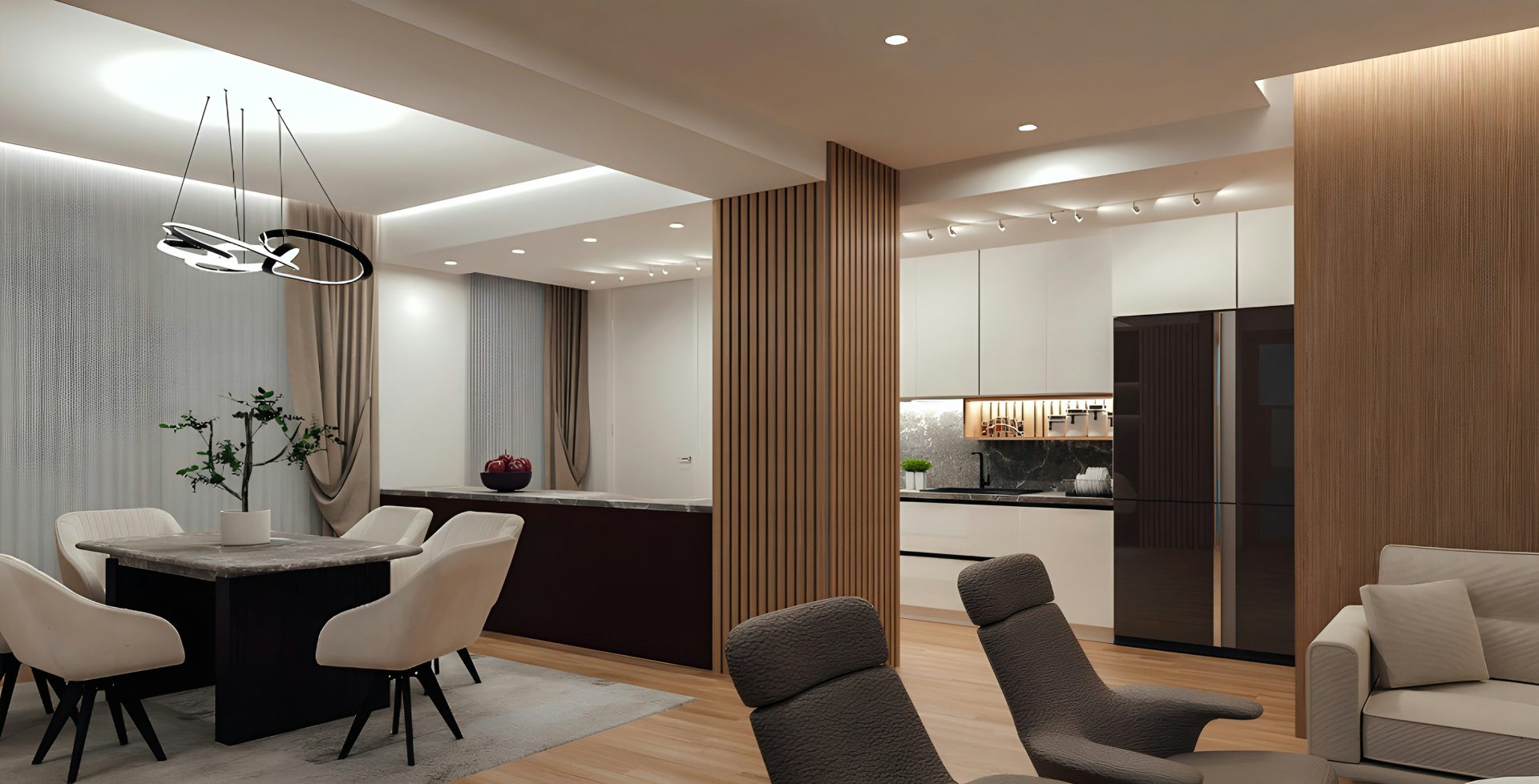Modern dining room and kitchen with sleek furniture.